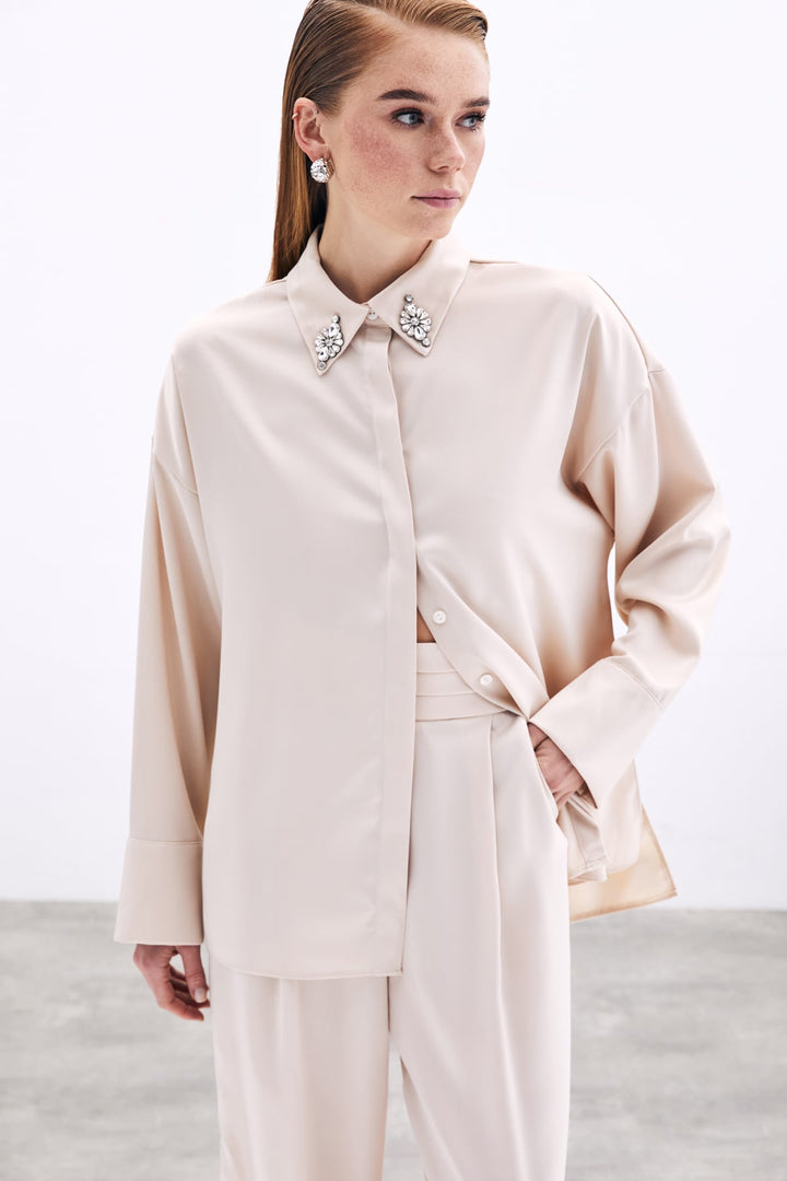 Sateen Chemise Détail Accessoire - Beige