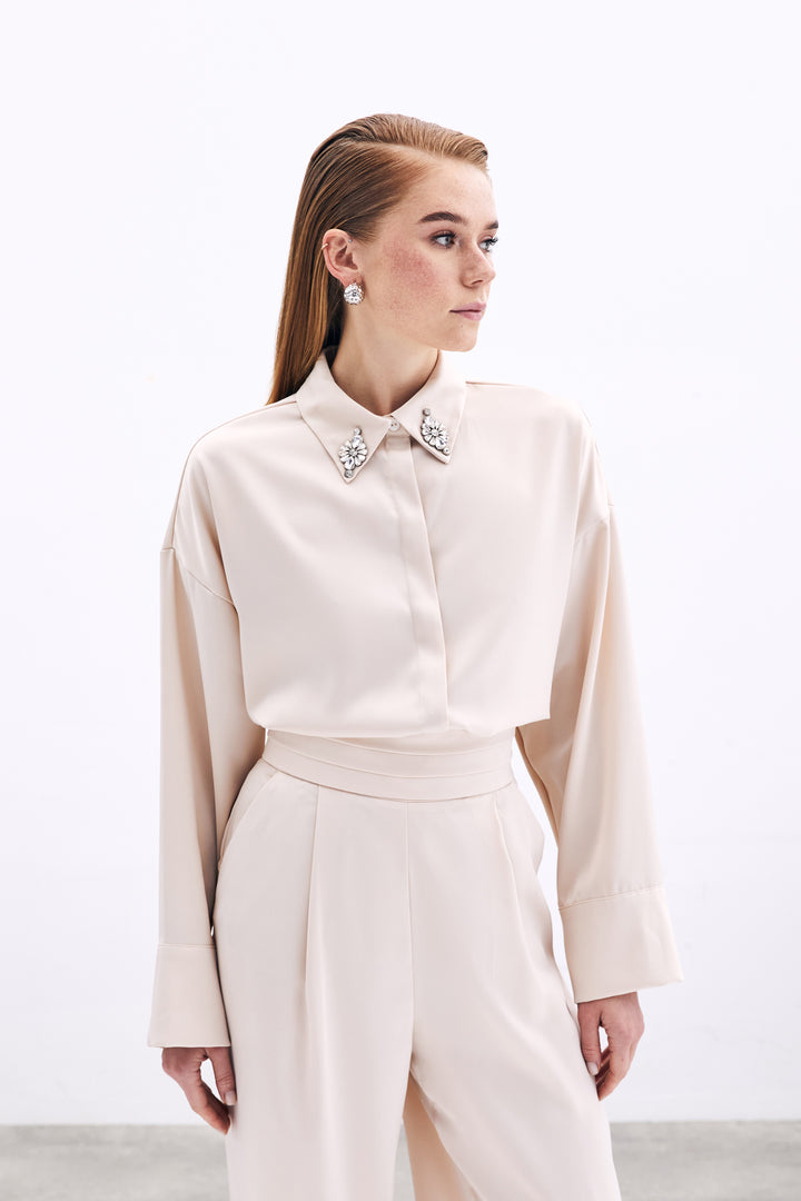 Sateen Chemise Détail Accessoire - Beige