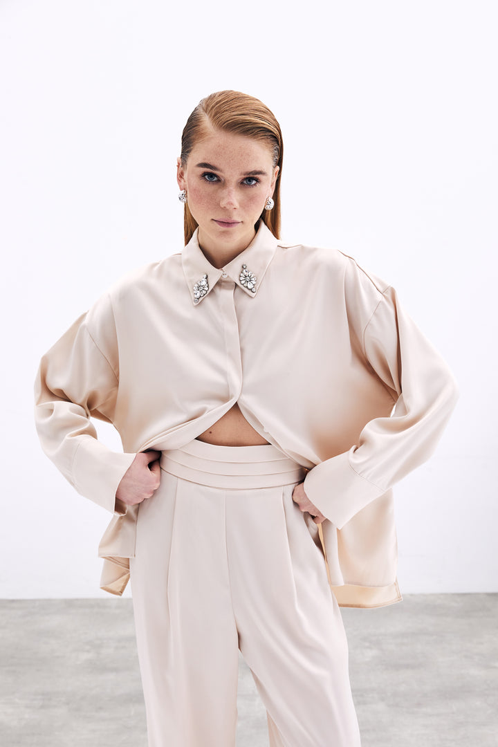 Sateen Chemise Détail Accessoire - Beige