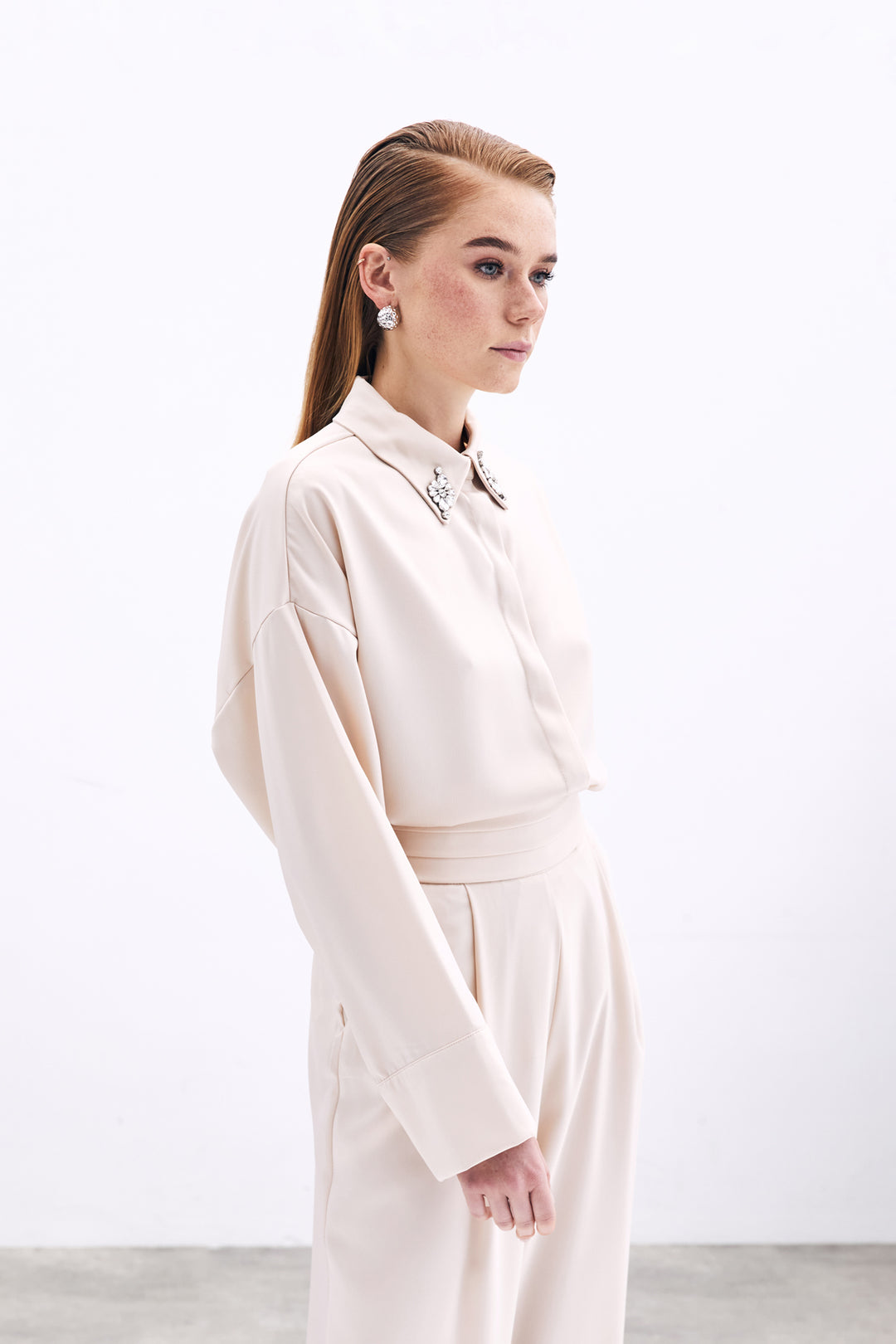 Sateen Chemise Détail Accessoire - Beige