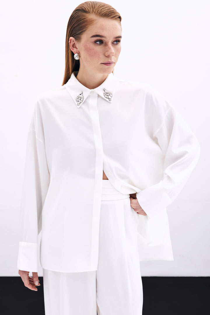 Sateen Chemise Détail Accessoire - Écru