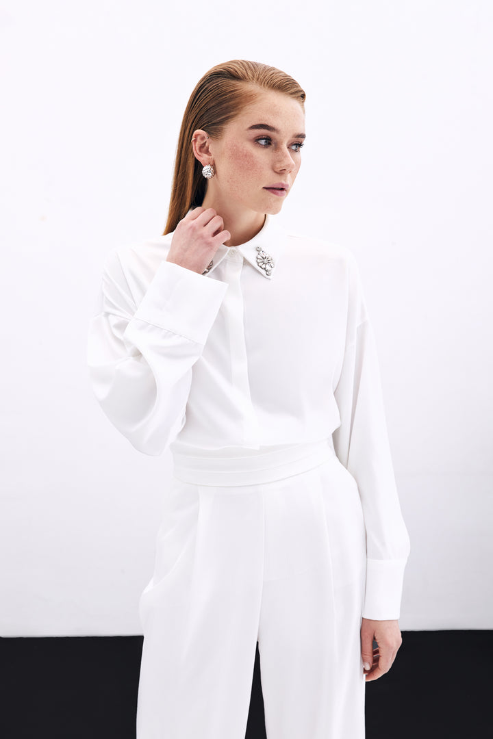 Sateen Chemise Détail Accessoire - Écru
