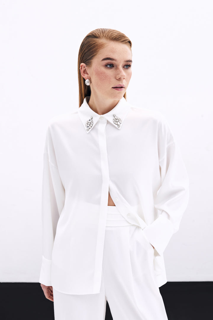 Sateen Chemise Détail Accessoire - Écru
