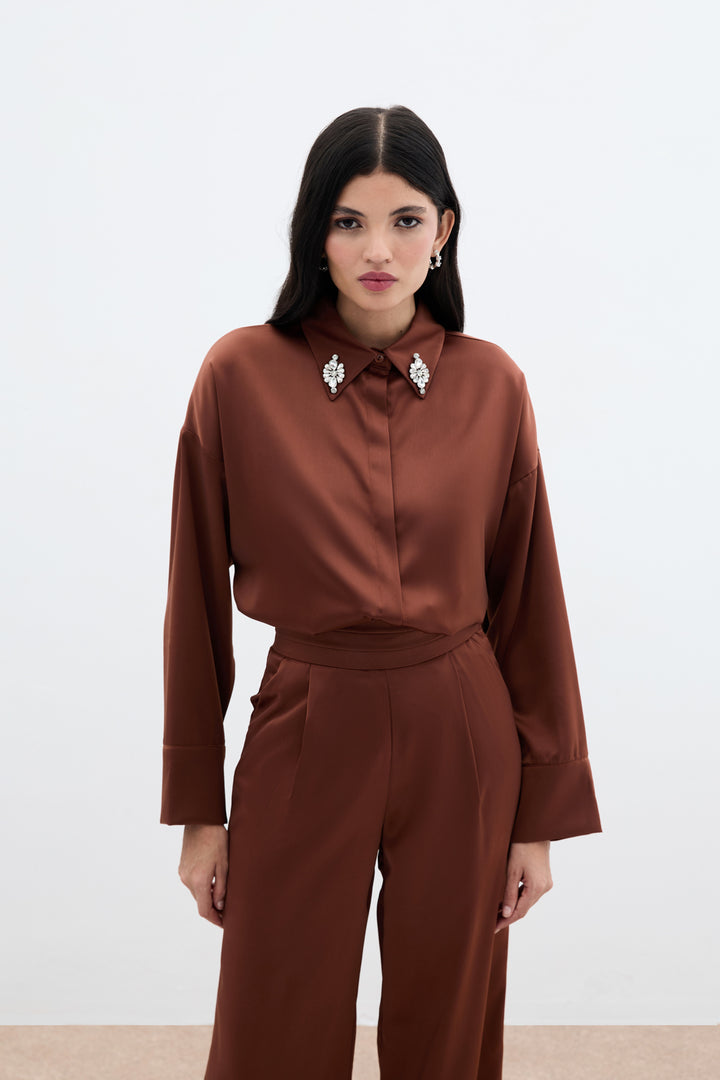 Sateen Chemise avec Détails Accessoires - Marron