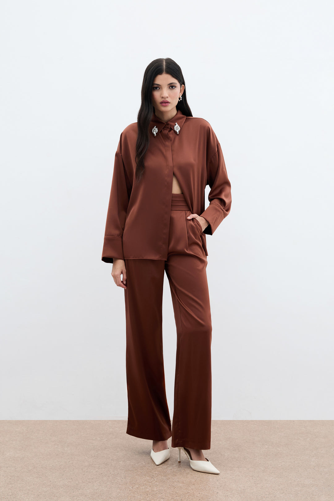 Sateen Chemise avec Détails Accessoires - Marron
