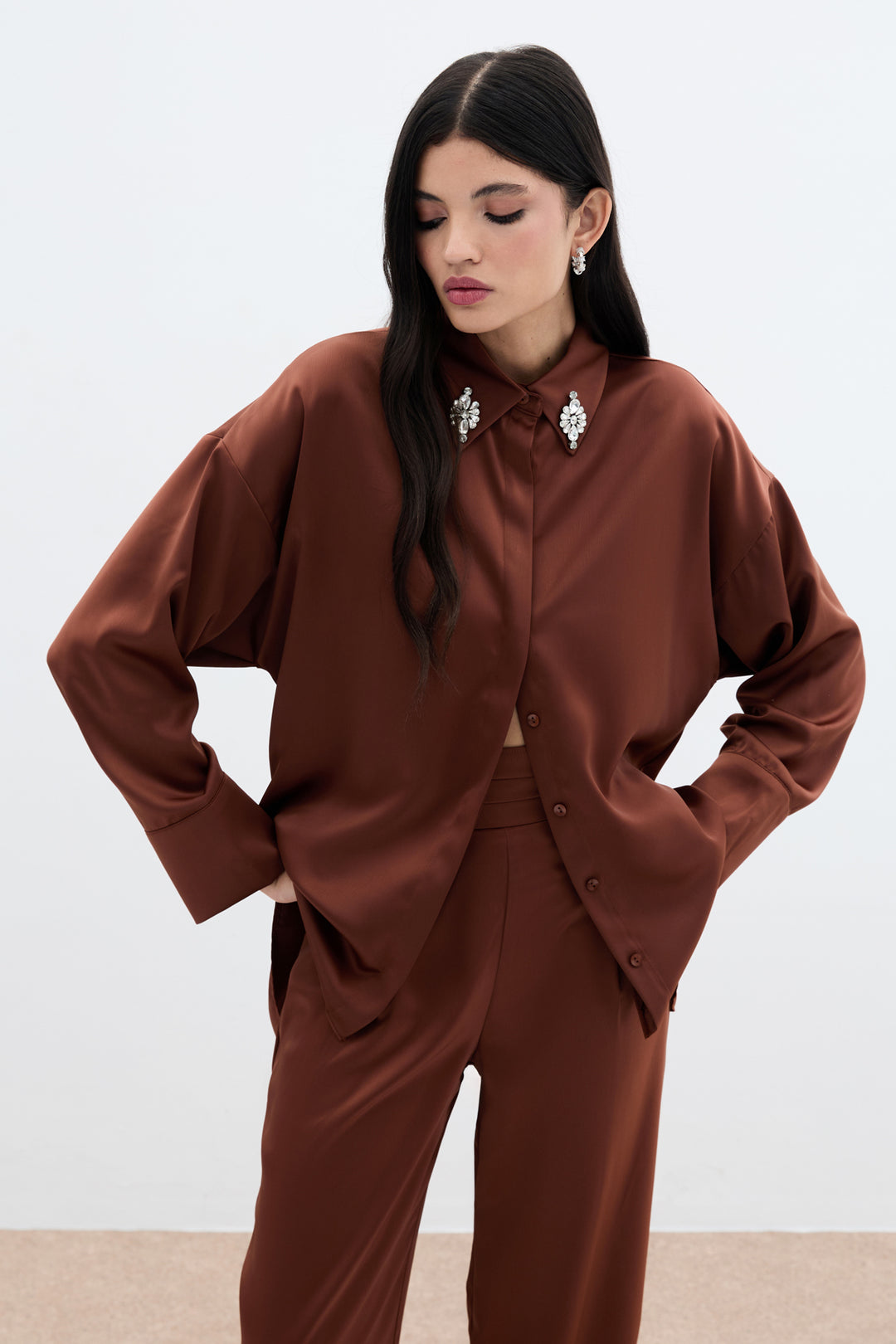 Sateen Chemise avec Détails Accessoires - Marron