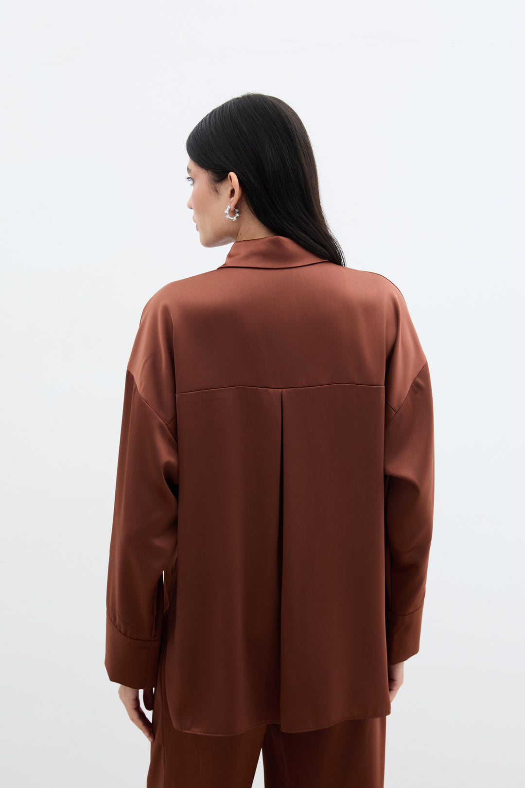 Sateen Chemise avec Détails Accessoires - Marron