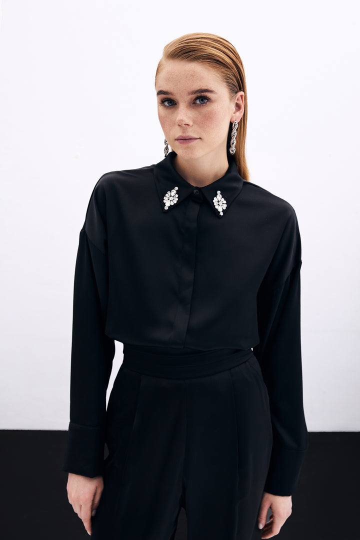 Sateen Chemise Détail Accessoire - Noir