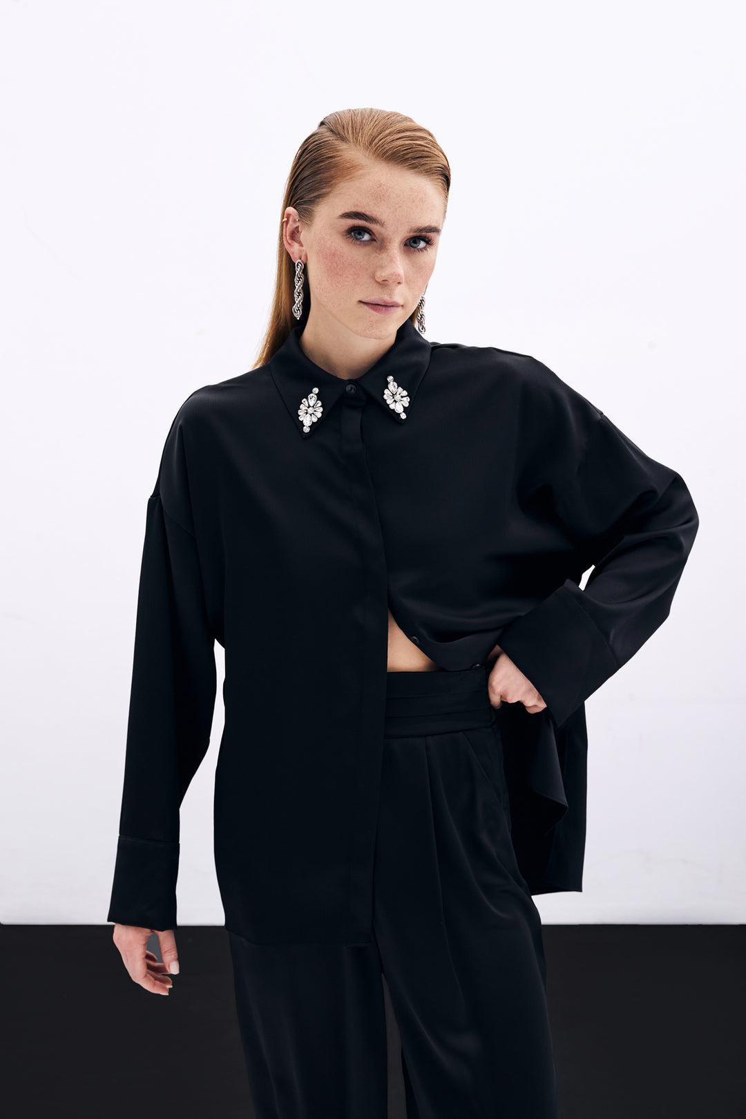 Sateen Chemise Détail Accessoire - Noir
