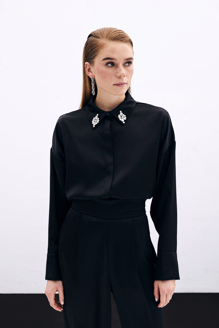 Sateen Chemise Détail Accessoire - Noir