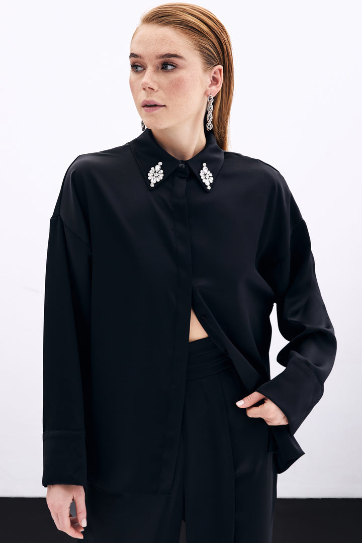 Sateen Chemise Détail Accessoire - Noir