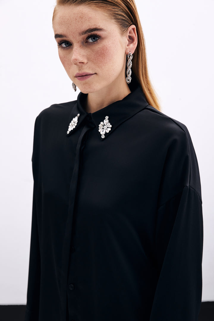 Sateen Chemise Détail Accessoire - Noir