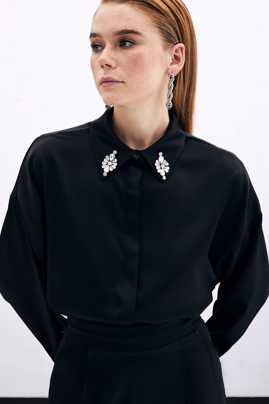 Sateen Chemise Détail Accessoire - Noir