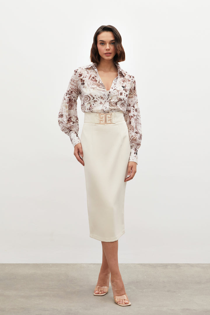 Sateen Jupe crayon avec détails d'accessoires - Beige