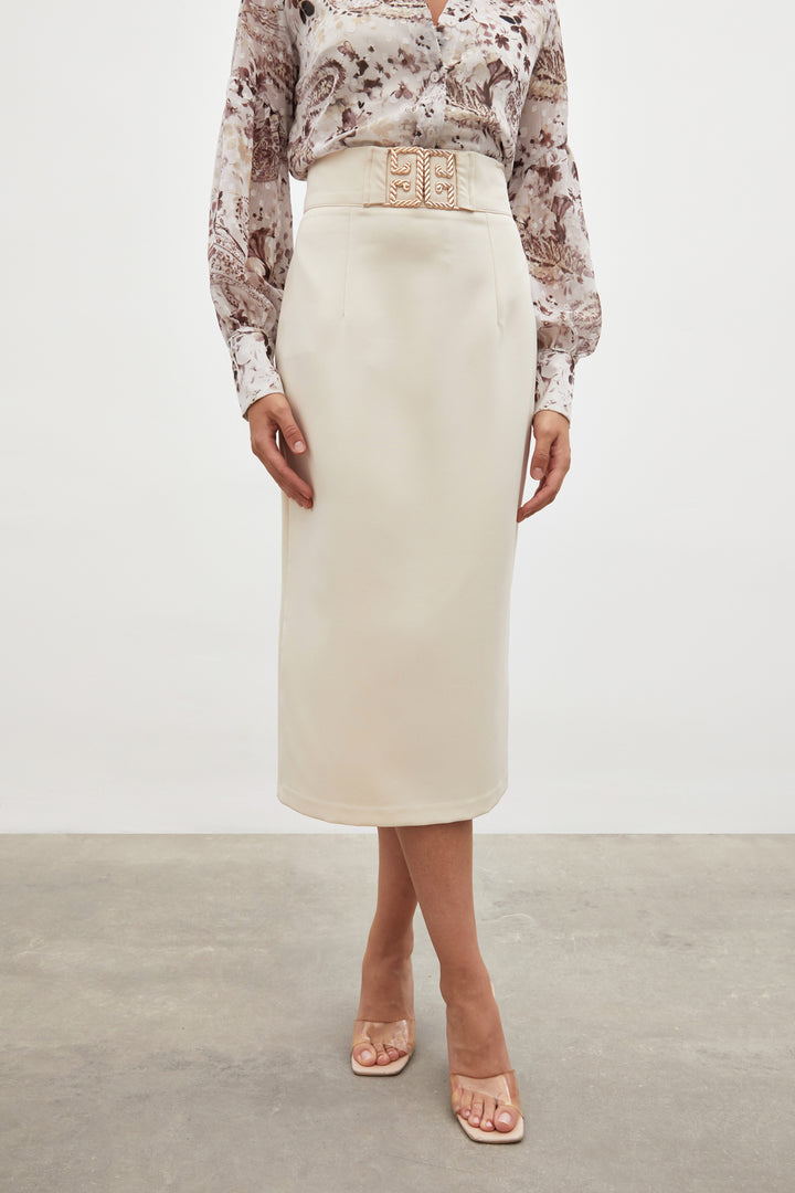 Sateen Jupe crayon avec détails d'accessoires - Beige