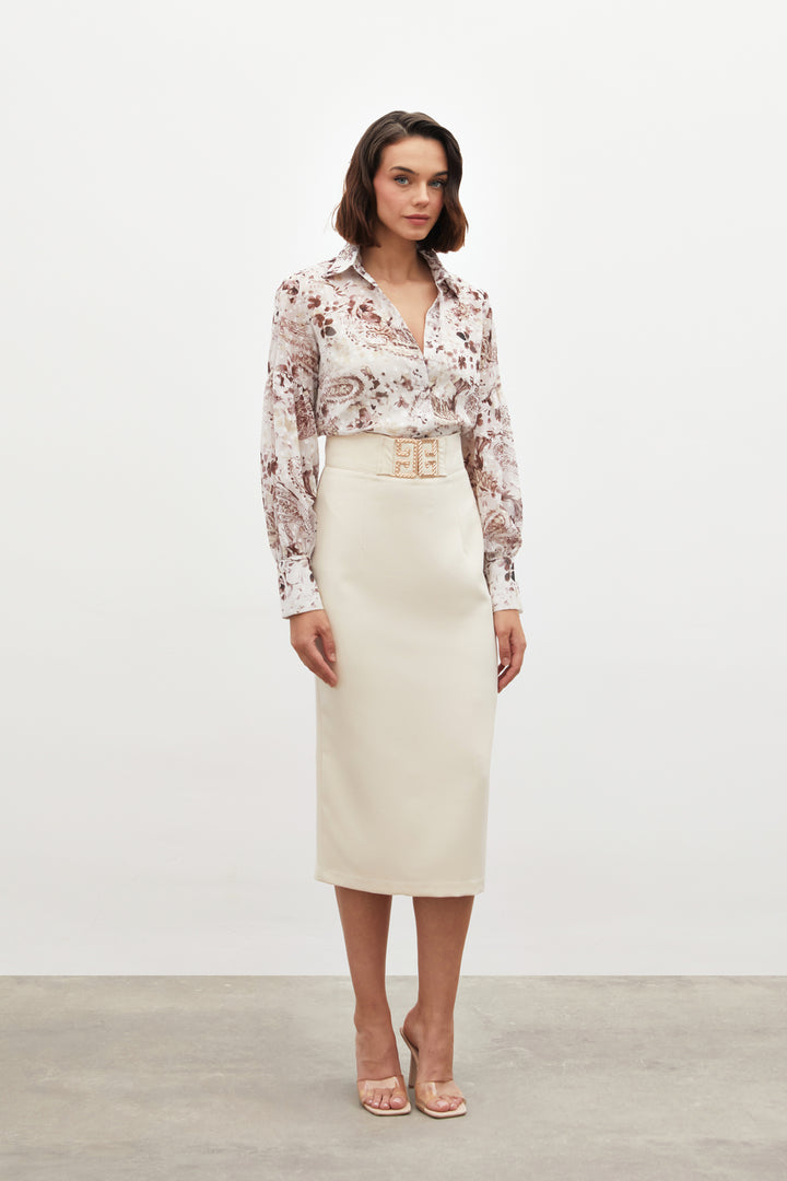 Sateen Jupe crayon avec détails d'accessoires - Beige