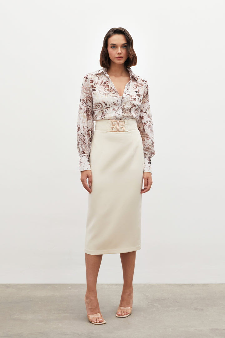 Sateen Jupe crayon avec détails d'accessoires - Beige
