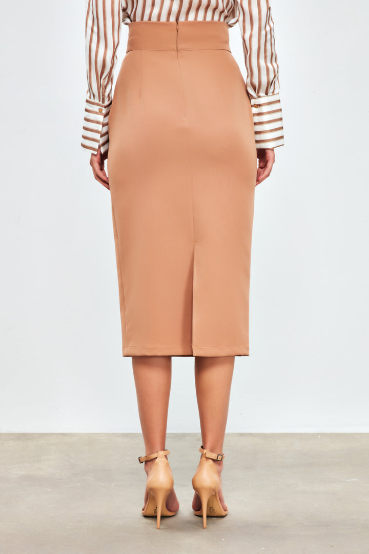 Sateen Jupe crayon avec détails d'accessoire - camel