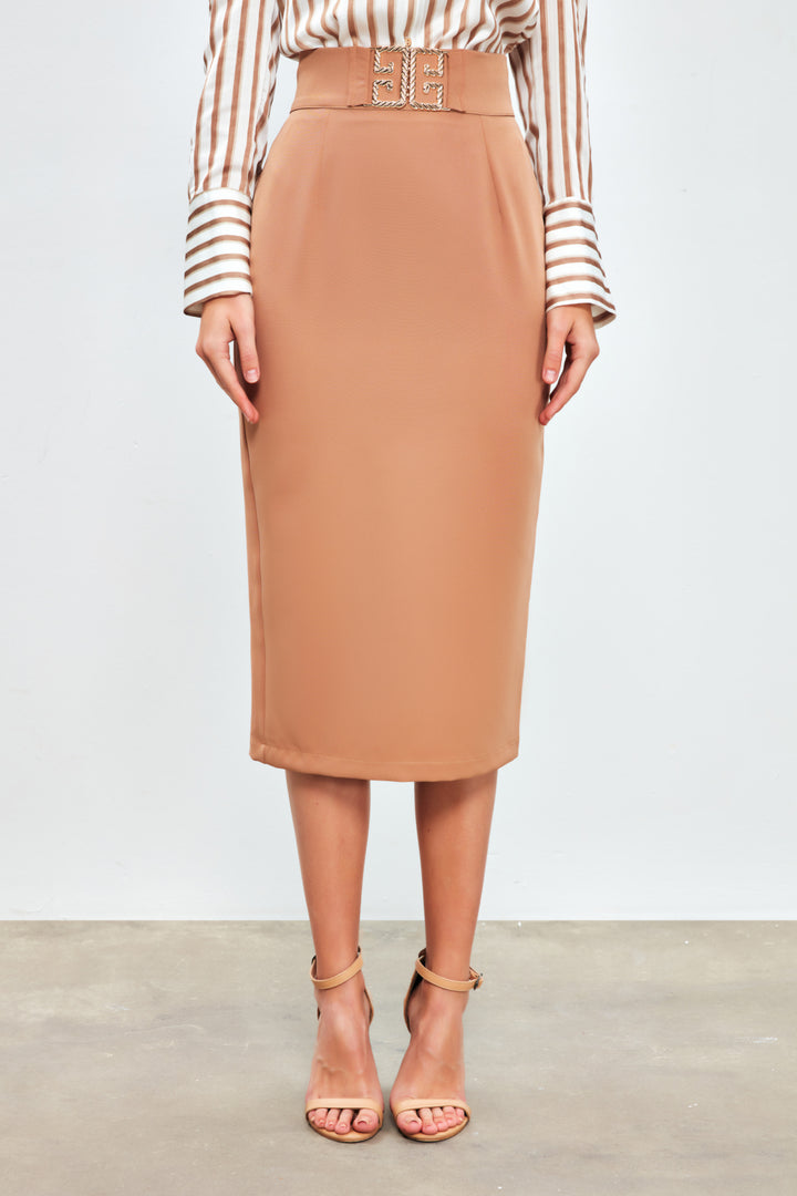 Sateen Jupe crayon avec détails d'accessoire - camel