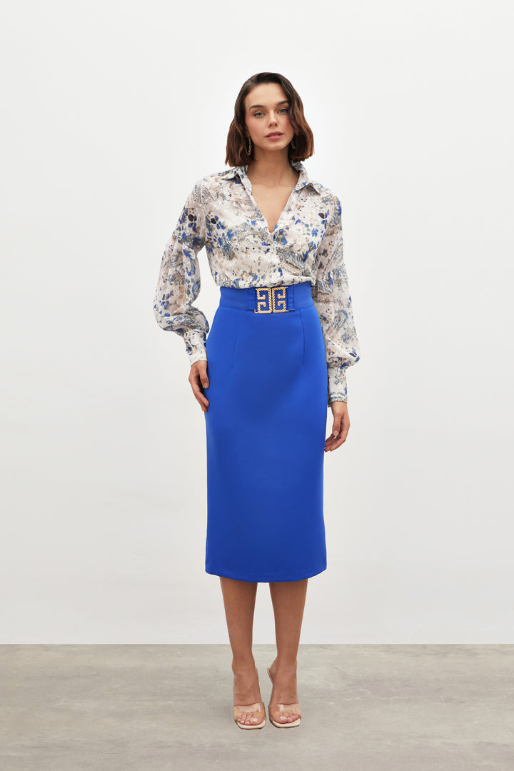 Sateen Jupe crayon avec détails d'accessoires - Bleu