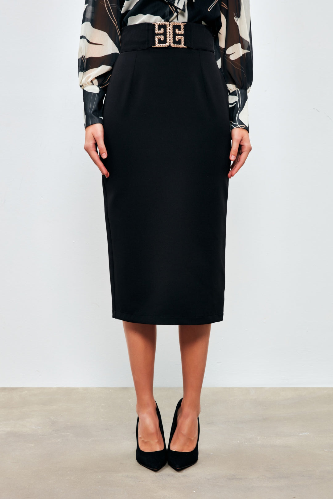 Sateen Jupe crayon avec détails d'accessoires - Noir