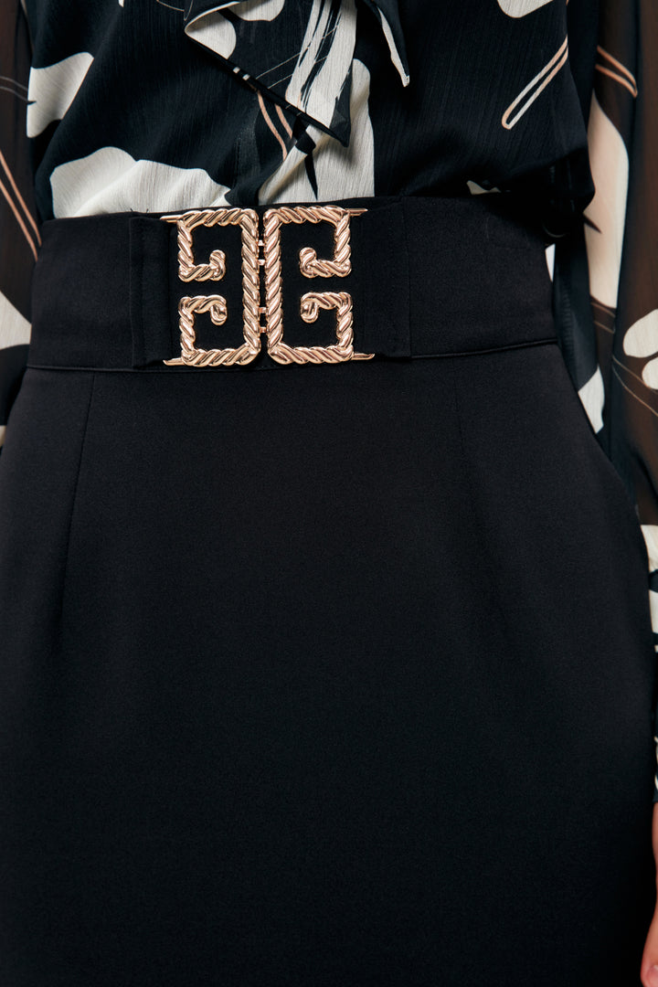 Sateen Jupe crayon avec détails d'accessoires - Noir