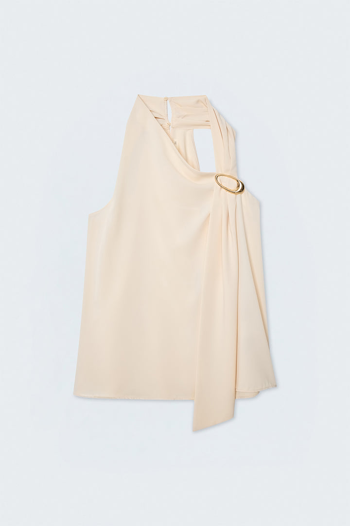 Sateen Débardeur Sans Manches avec Détails - Beige