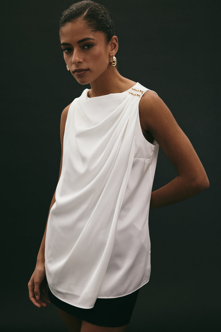 Sateen Blouse Sans Manches avec Détail Accessoire - Écru