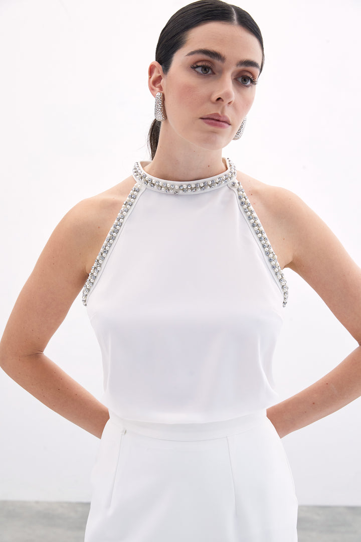 Sateen Blouse Sans Manches avec Détails Accessoires - Écru