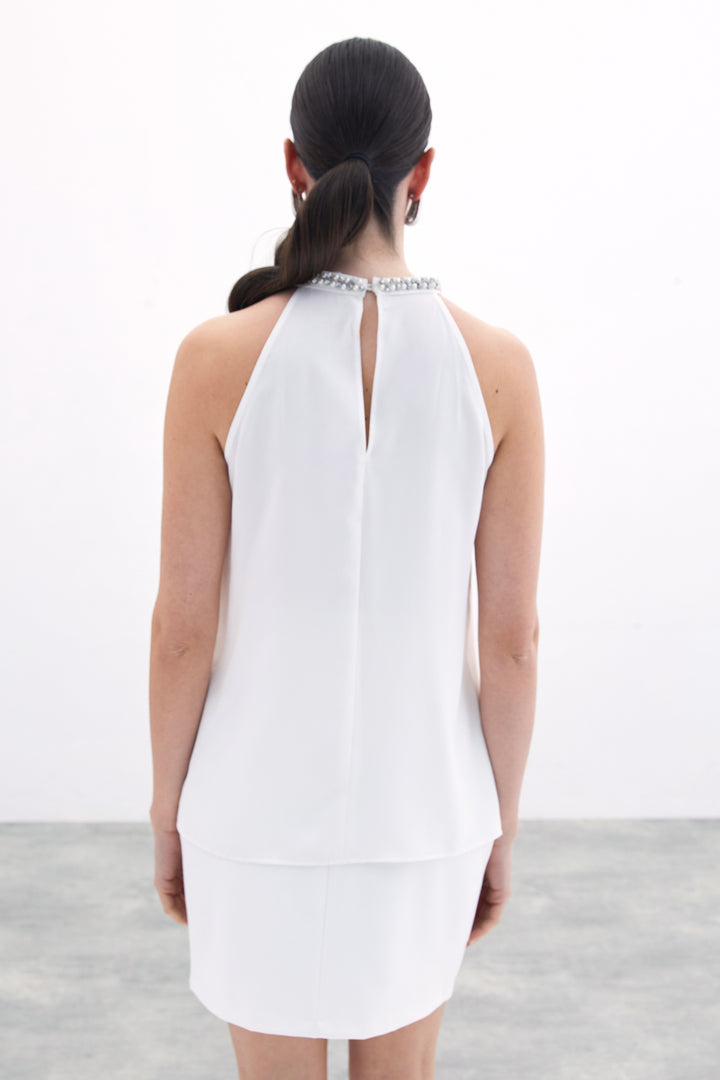 Sateen Blouse Sans Manches avec Détails Accessoires - Écru