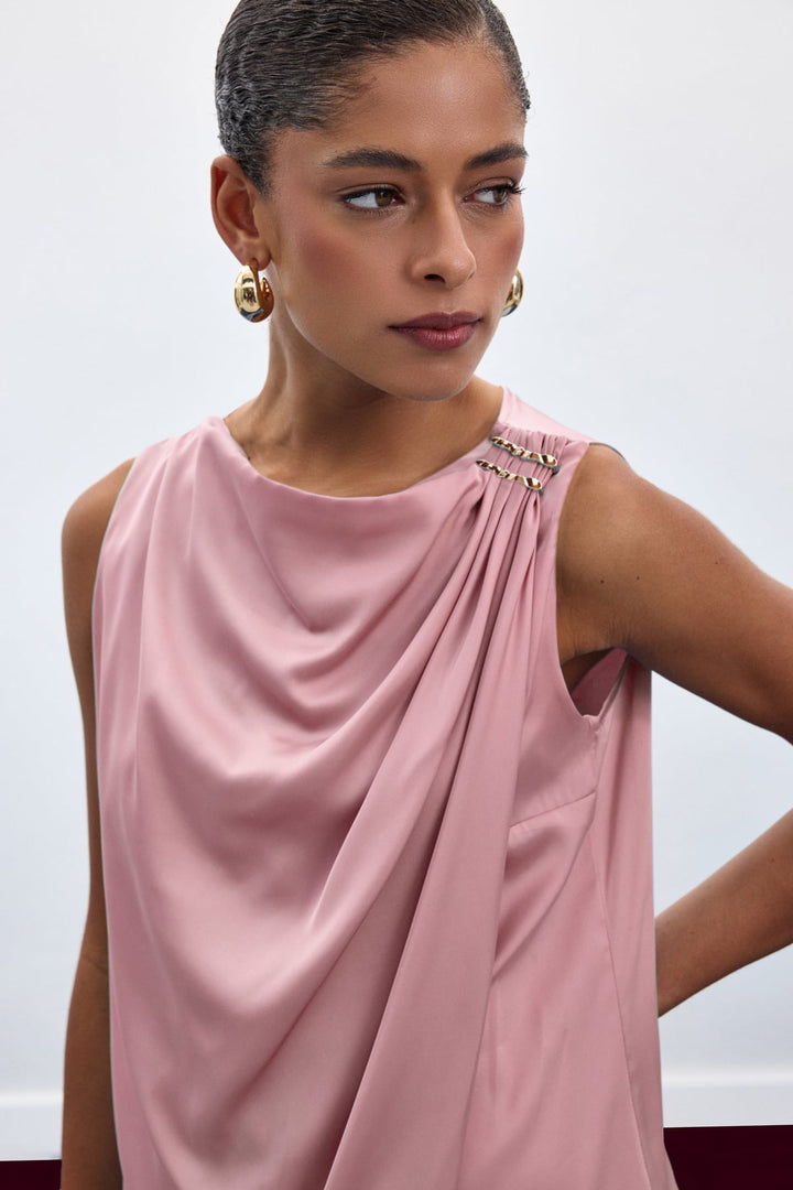 Sateen Blouse Sans Manches avec Détail Accessoire - Rose