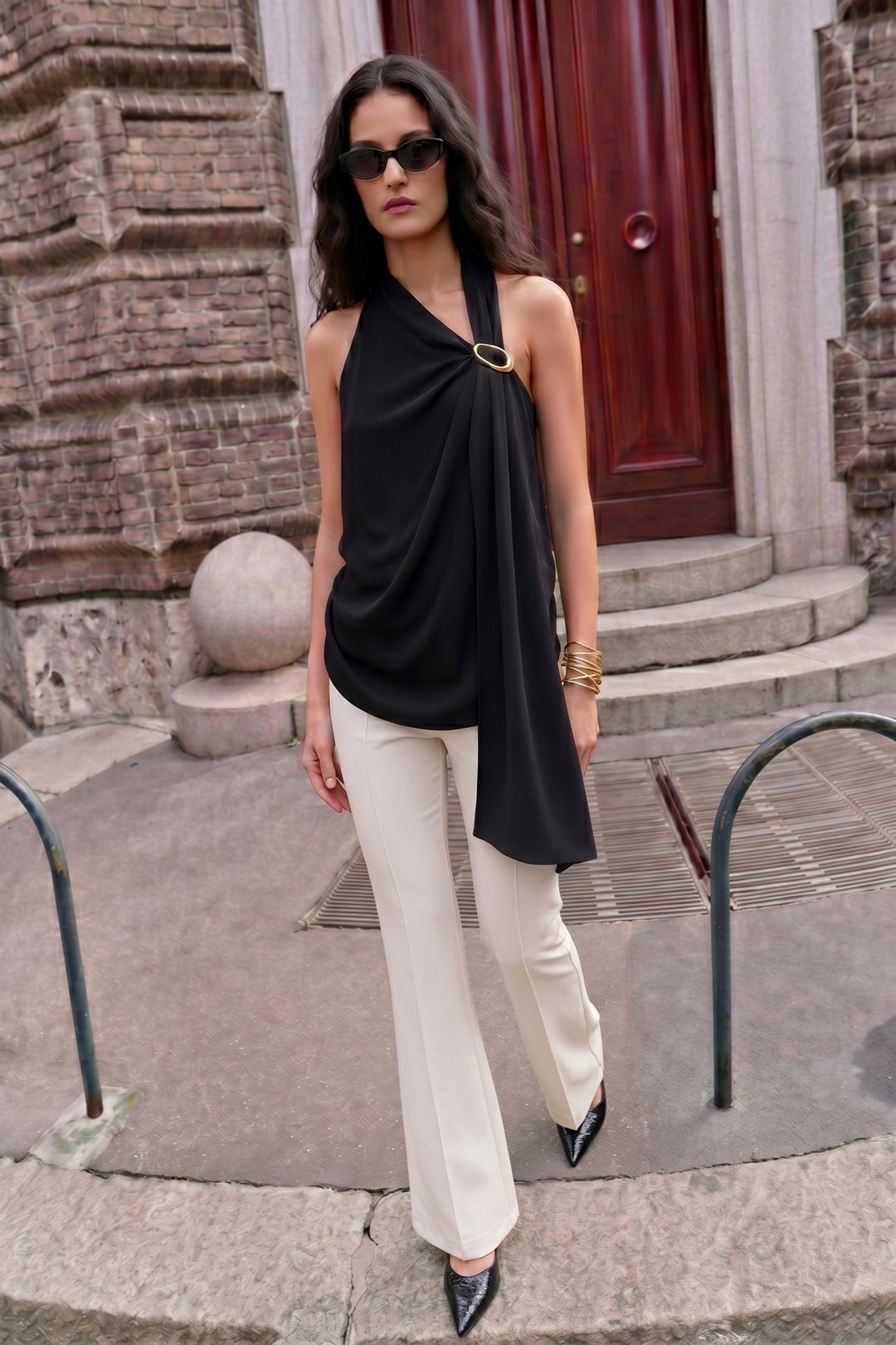 Sateen Débardeur Sans Manches avec Détails - Noir