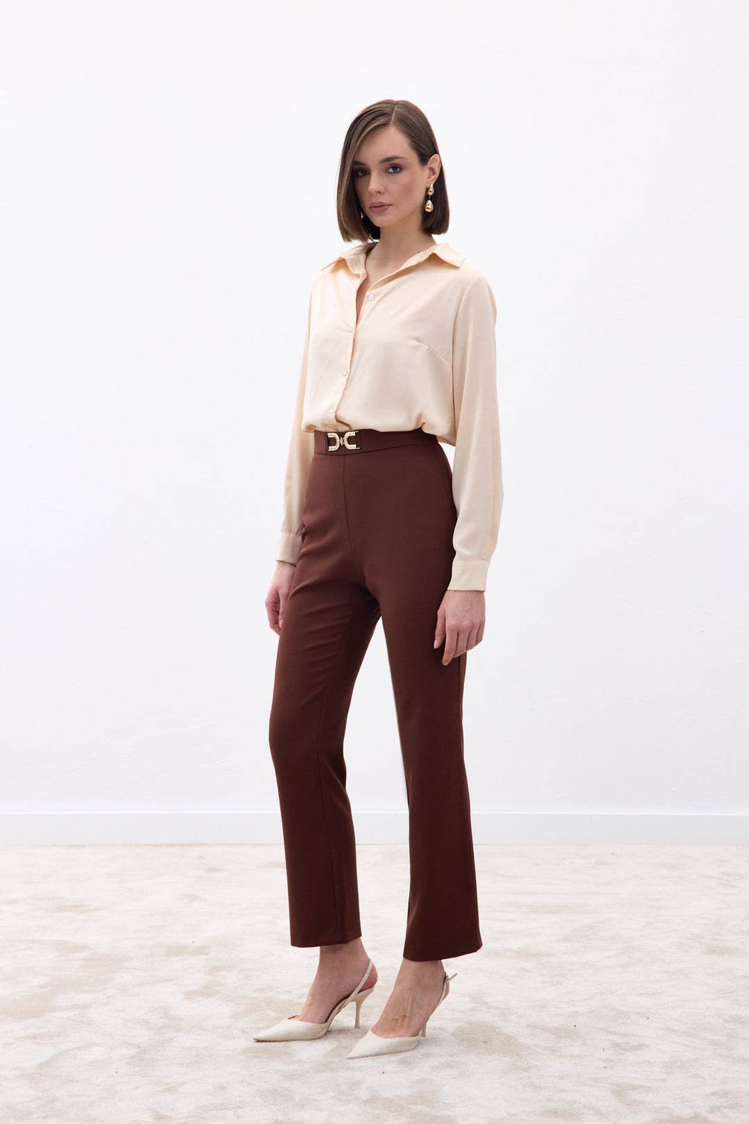 Sateen Pantalon Détail Accessoire - Marron