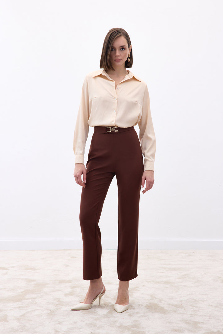 Sateen Pantalon Détail Accessoire - Marron