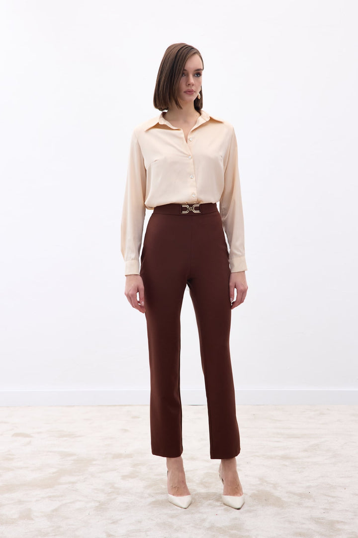 Sateen Pantalon Détail Accessoire - Marron
