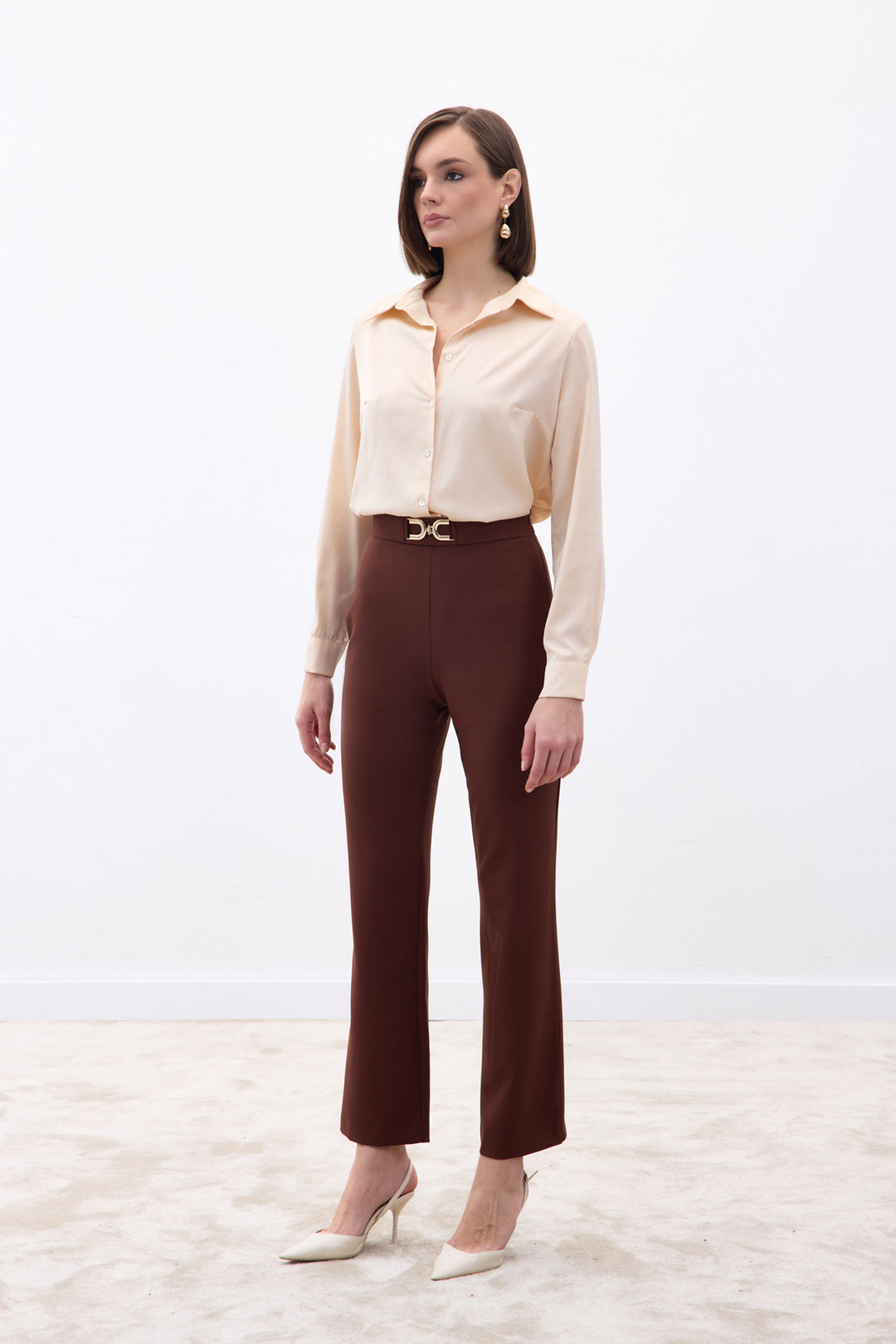 Sateen Pantalon Détail Accessoire - Marron