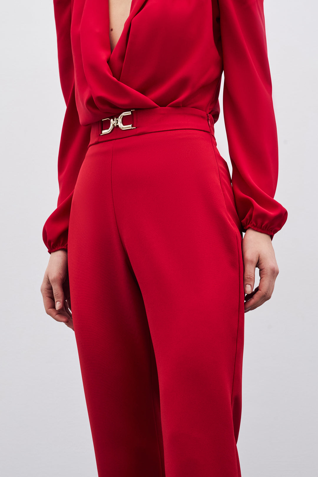 Sateen Pantalon avec Détails Accessoires - Rouge