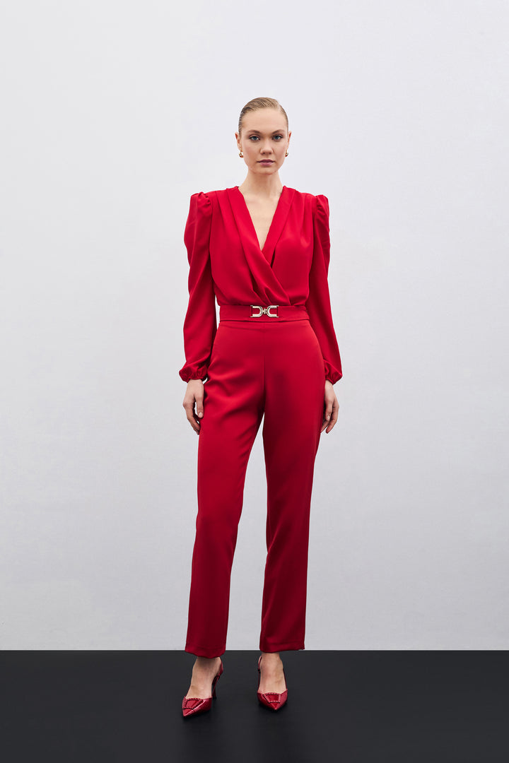 Sateen Pantalon avec Détails Accessoires - Rouge
