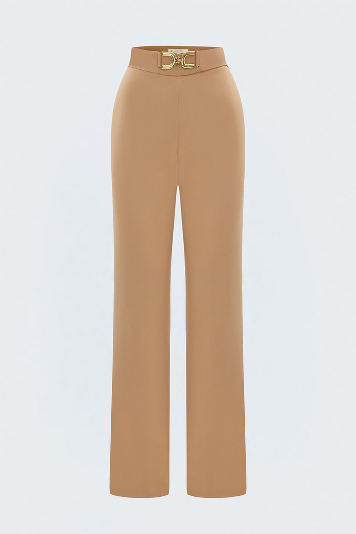 Sateen Pantalon avec détails accessoires - Foncé Beige