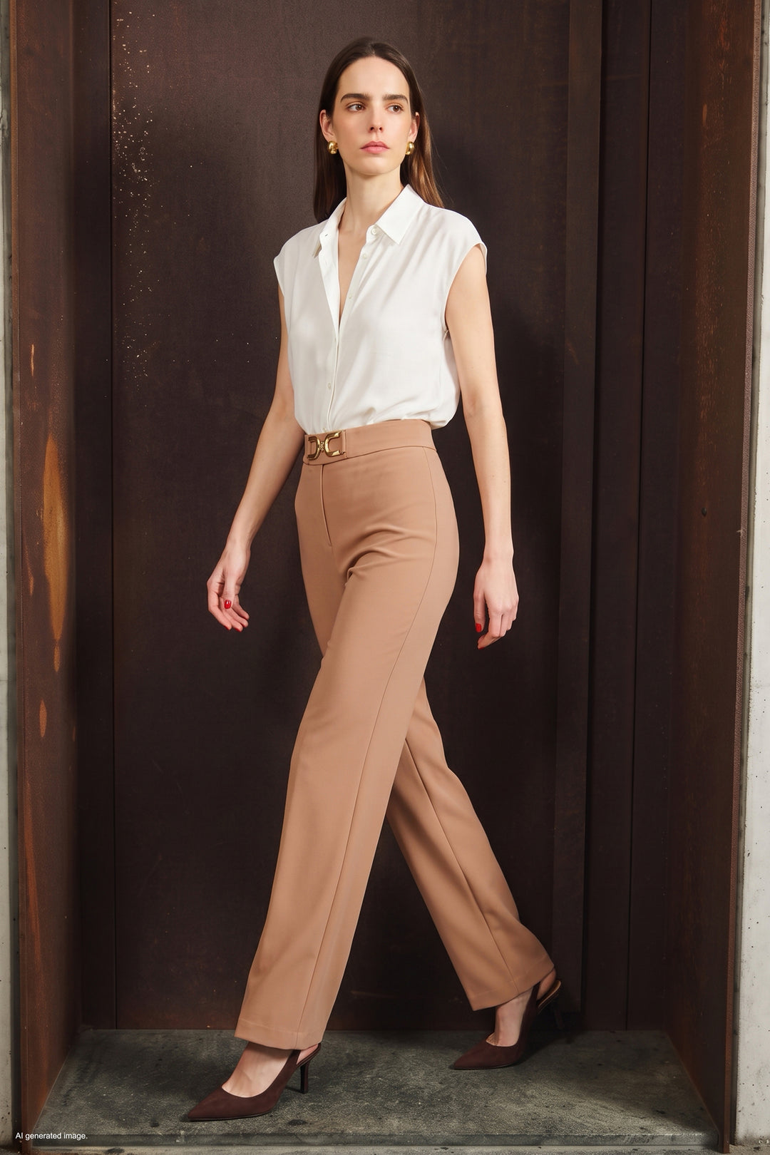 Sateen Pantalon avec détails accessoires - Foncé Beige