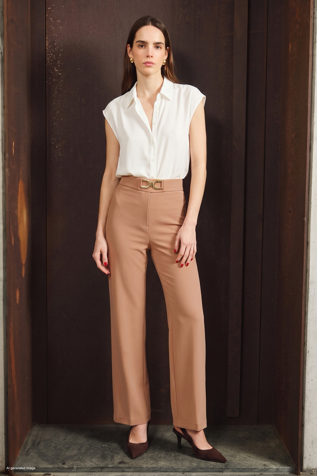 Sateen Pantalon avec détails accessoires - Foncé Beige