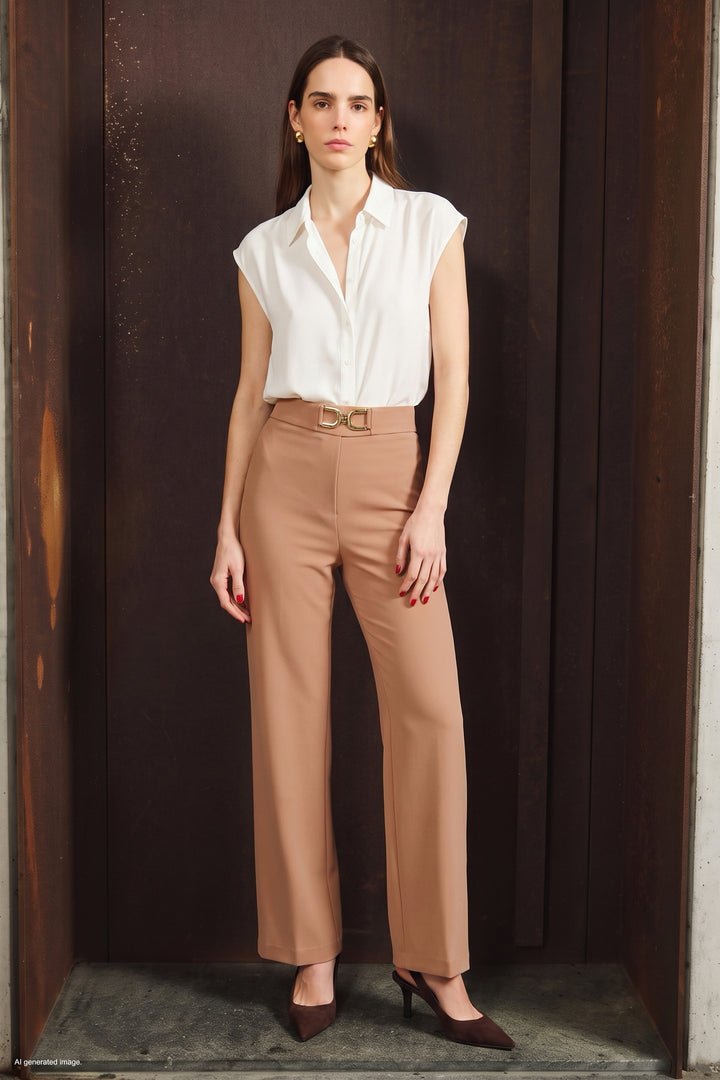 Sateen Pantalon avec détails accessoires - Foncé Beige