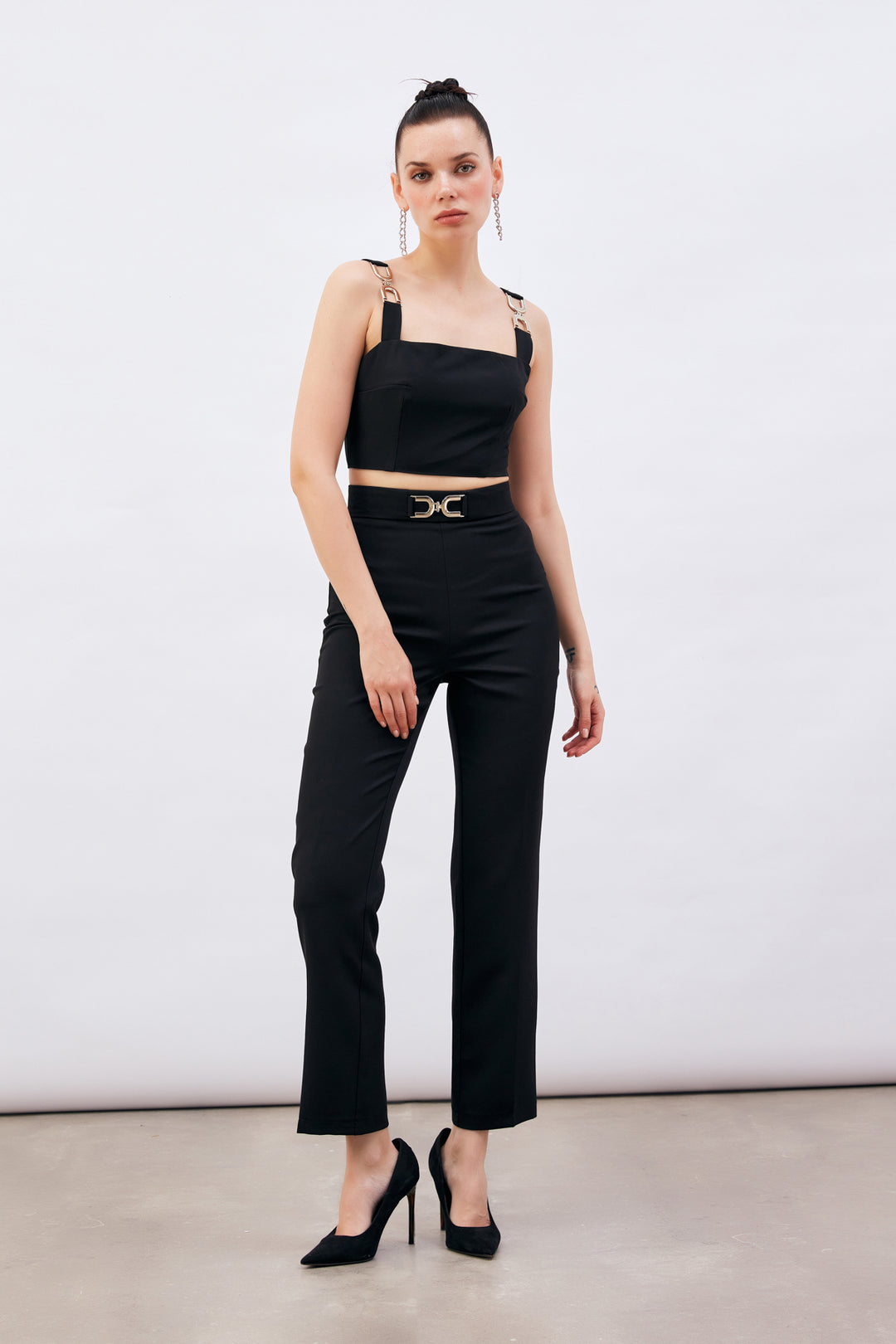 Sateen Pantalon avec Détails Accessoires - Noir