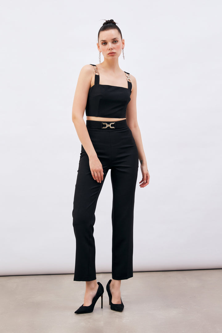 Sateen Pantalon avec Détails Accessoires - Noir