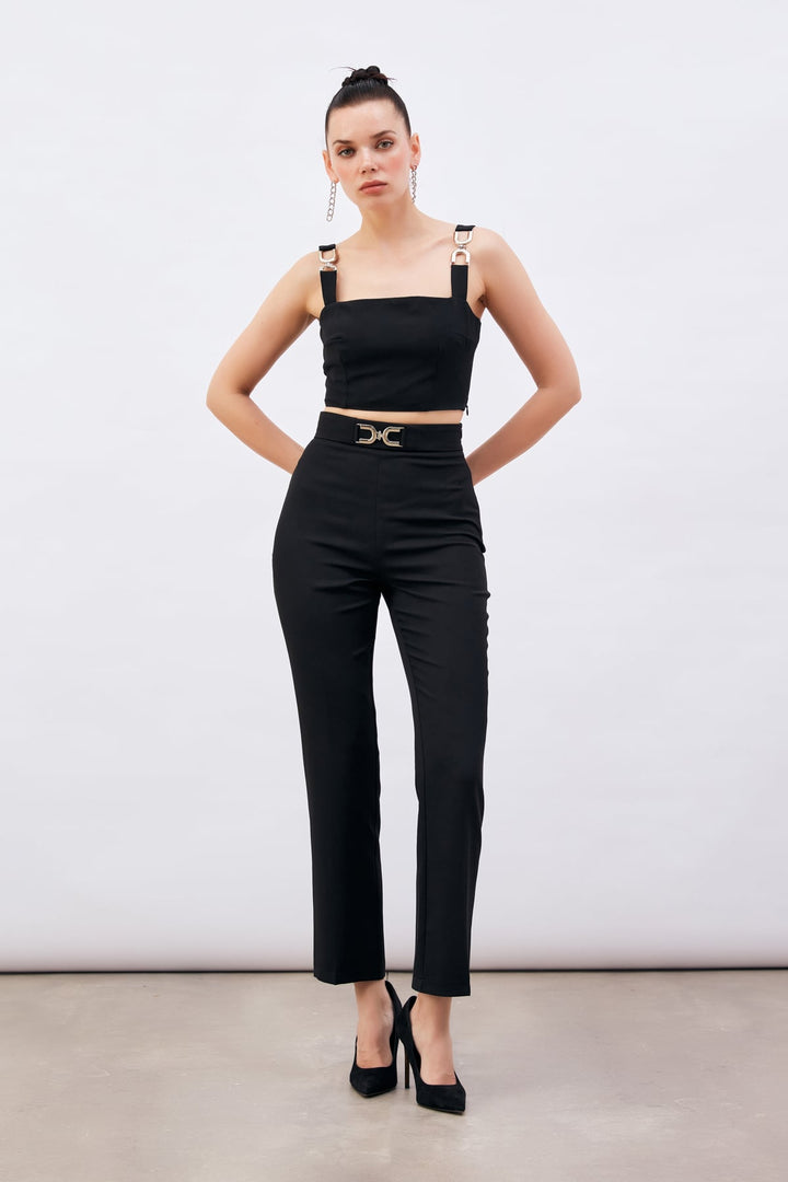 Sateen Pantalon avec Détails Accessoires - Noir