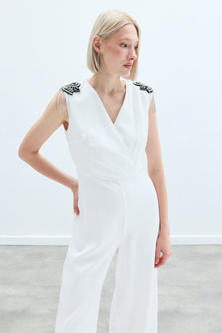Sateen Combinaison avec détails accessoires - Écru