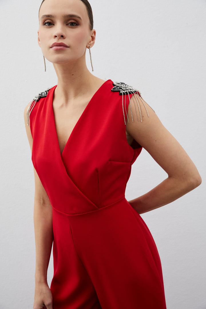Sateen Combinaison avec Détails Accessoires - Rouge