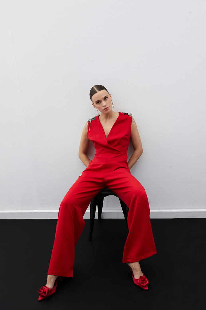 Sateen Combinaison avec Détails Accessoires - Rouge
