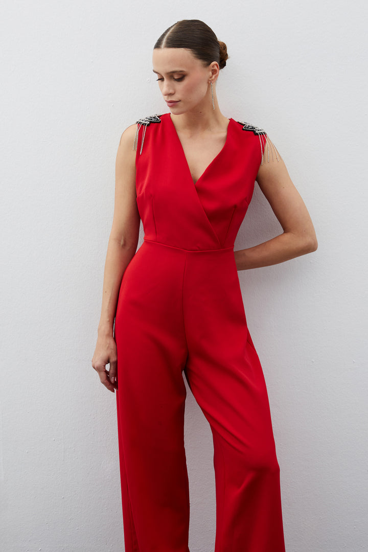 Sateen Combinaison avec Détails Accessoires - Rouge