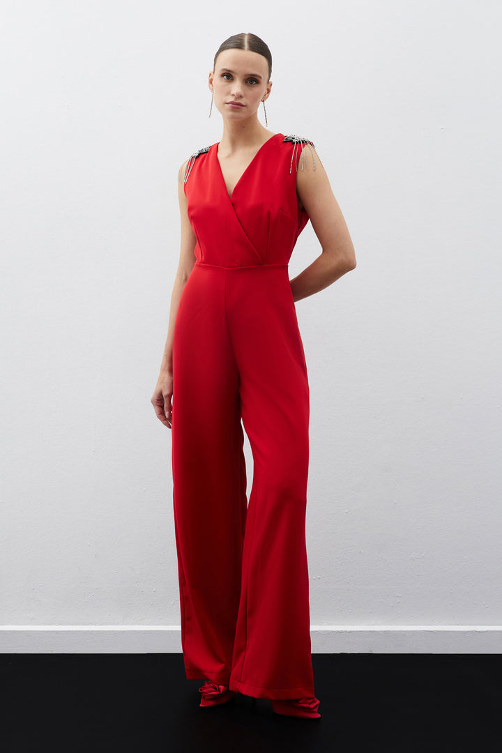 Sateen Combinaison avec Détails Accessoires - Rouge